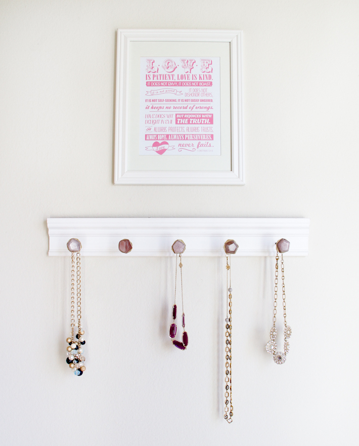 DIY Jewelry Holder using dresser drawer knobs and crown moulding scraps || from Joyfully So