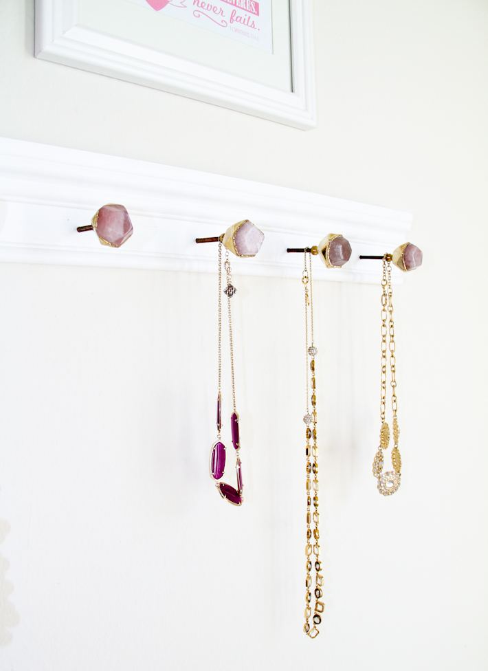 DIY Jewelry Holder using dresser drawer knobs and crown moulding scraps || from Joyfully So