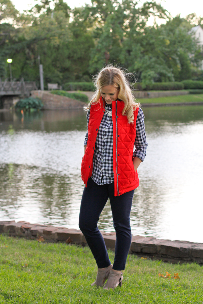 fall outfit, red vest || joyfully so