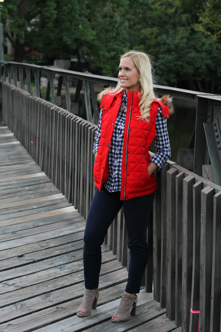 fall outfit, red vest || joyfully so