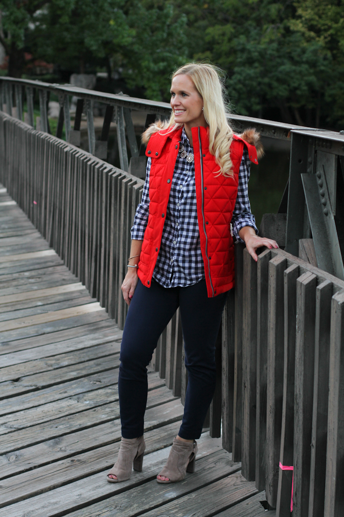 fall outfit, red vest and gingham shirt || joyfully so