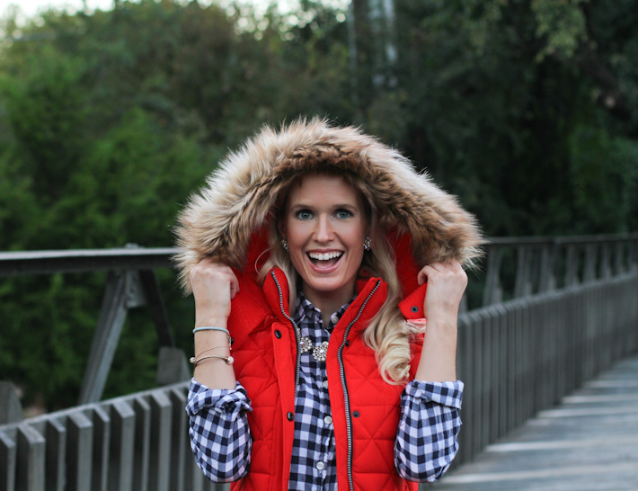 fall outfit, red vest and gingham shirt || joyfully so