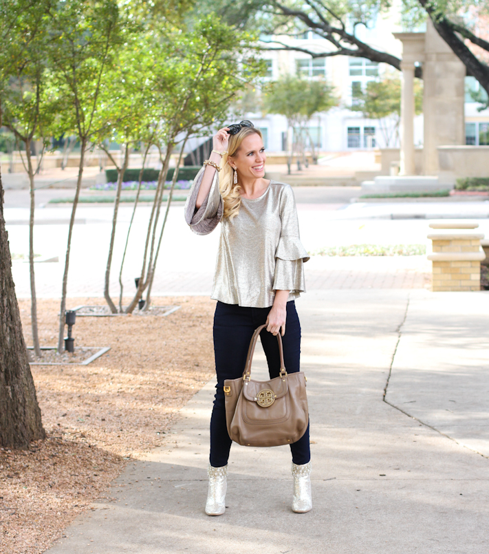 Winter Metallic Outfit | Gold on gold | Metallic foil top with gold luxurious booties and accessories | Winter Fashion 2018 or Casual New Years Eve