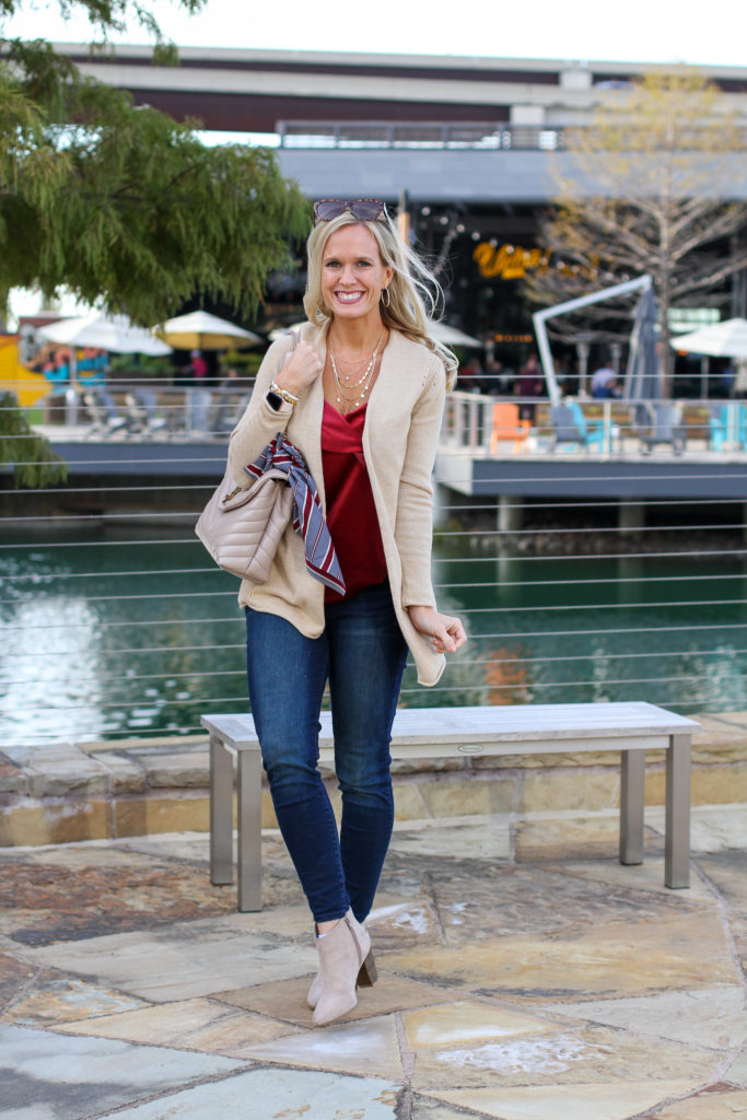 When you find a basic essential piece that you love, you incorporate it into many outfits! I love this gold metallic cardigan - here's two ways to style it! 