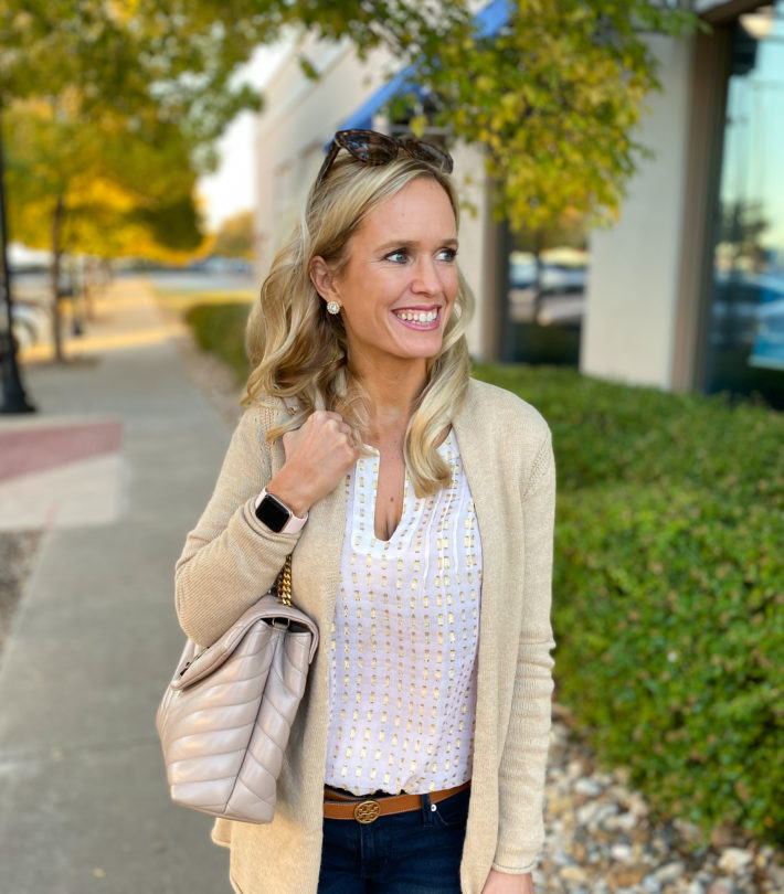 When you find a basic essential piece that you love, you incorporate it into many outfits! I love this gold metallic cardigan - here's two ways to style it! 