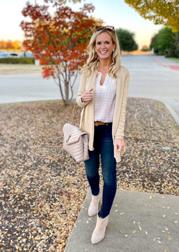 When you find a basic essential piece that you love, you incorporate it into many outfits! I love this gold metallic cardigan - here's two ways to style it! 