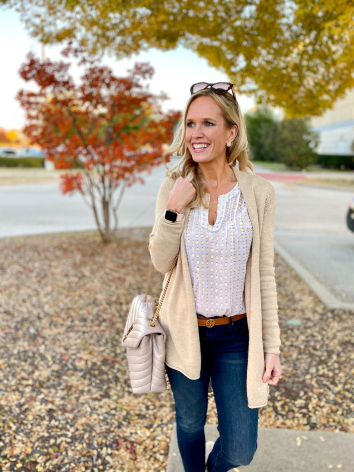 When you find a basic essential piece that you love, you incorporate it into many outfits! I love this gold metallic cardigan - here's two ways to style it! 
