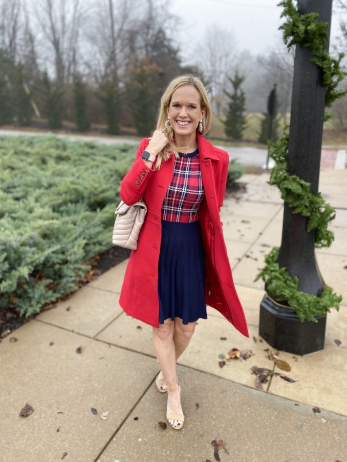 Love this red tartan and navy dress for the holidays! Pairs nicely with a red coat! | Christmas dress, Christmas outfit, holiday dress, holiday style