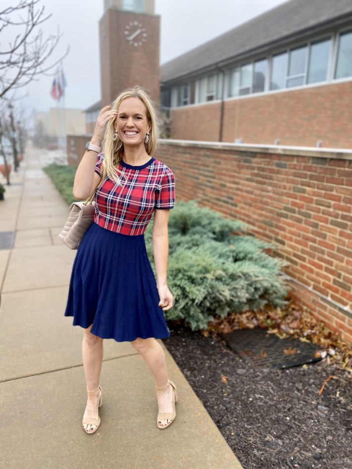 Love this red tartan and navy dress for the holidays! | Christmas dress, Christmas outfit, holiday dress, holiday style