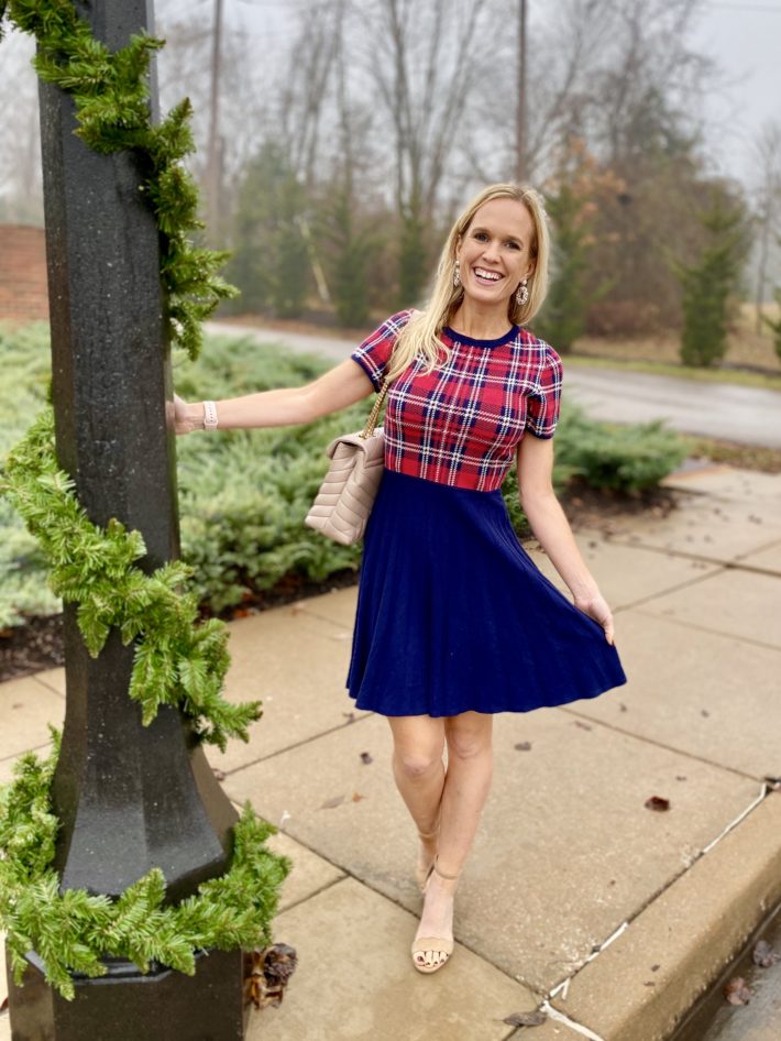 Love this red tartan and navy dress for the holidays! | Christmas dress, Christmas outfit, holiday dress, holiday style