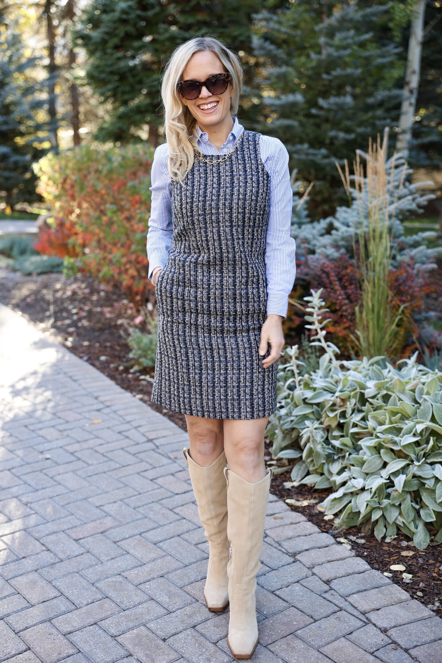 Tweed Dress: Style a Tweed Dress Two Ways | Layer a tweed dress with a striped shirt